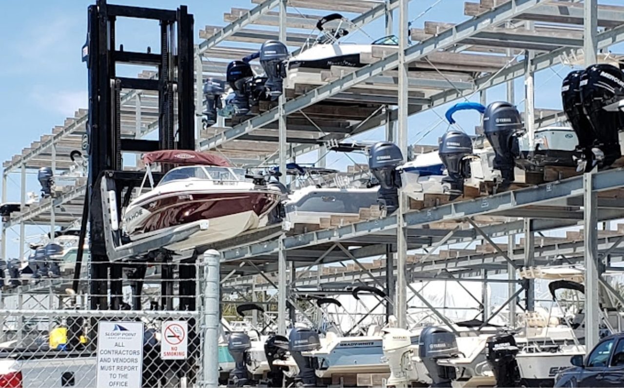 Boats stored on dry-stack racks