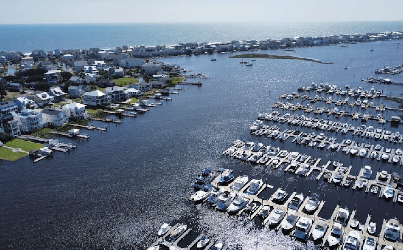 Harbour Point Yacht Club docks from the air, Carolina Beach