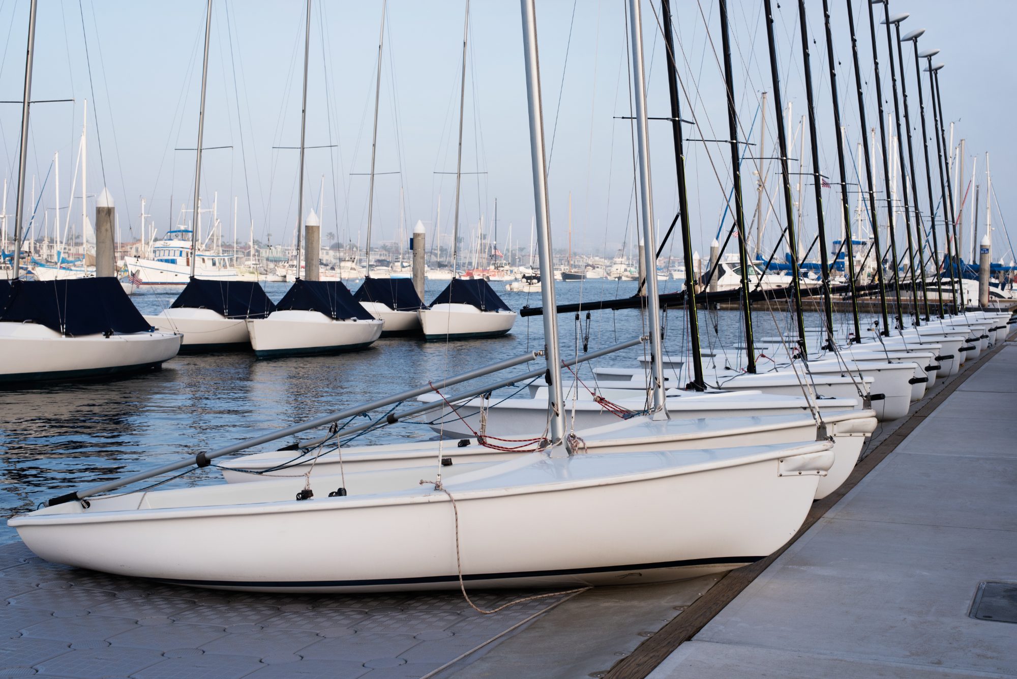 Sailboats lined up along a marina dock in the morning